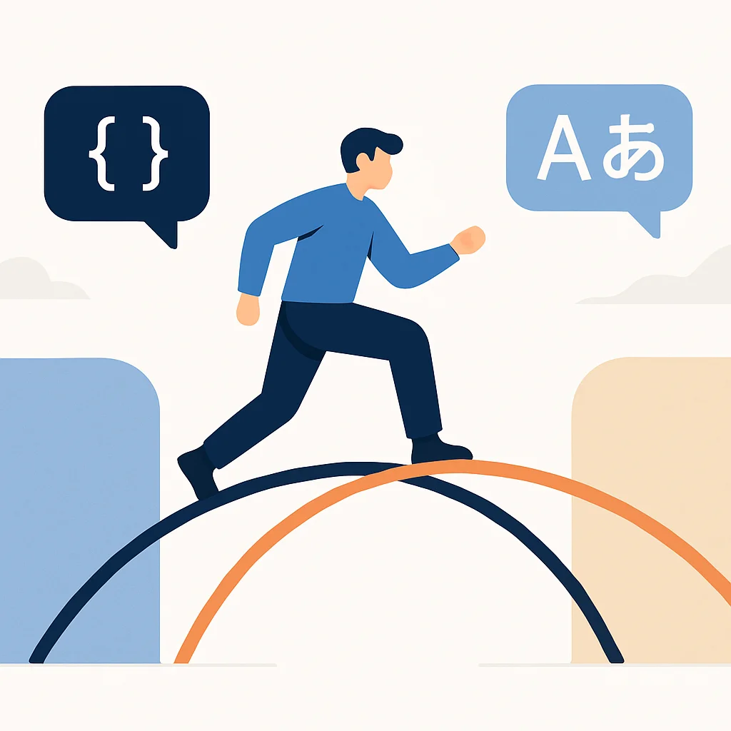 Illustration abstraite d'un développeur surmontant une barrière linguistique, représentée par un pont ou des lignes de connexion