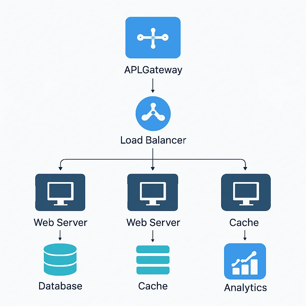 Diagramme architectural d'un service de raccourcissement d'URL, montrant des composants comme une passerelle API, un équilibreur de charge, des serveurs Web, une base de données, un cache et des analyses.