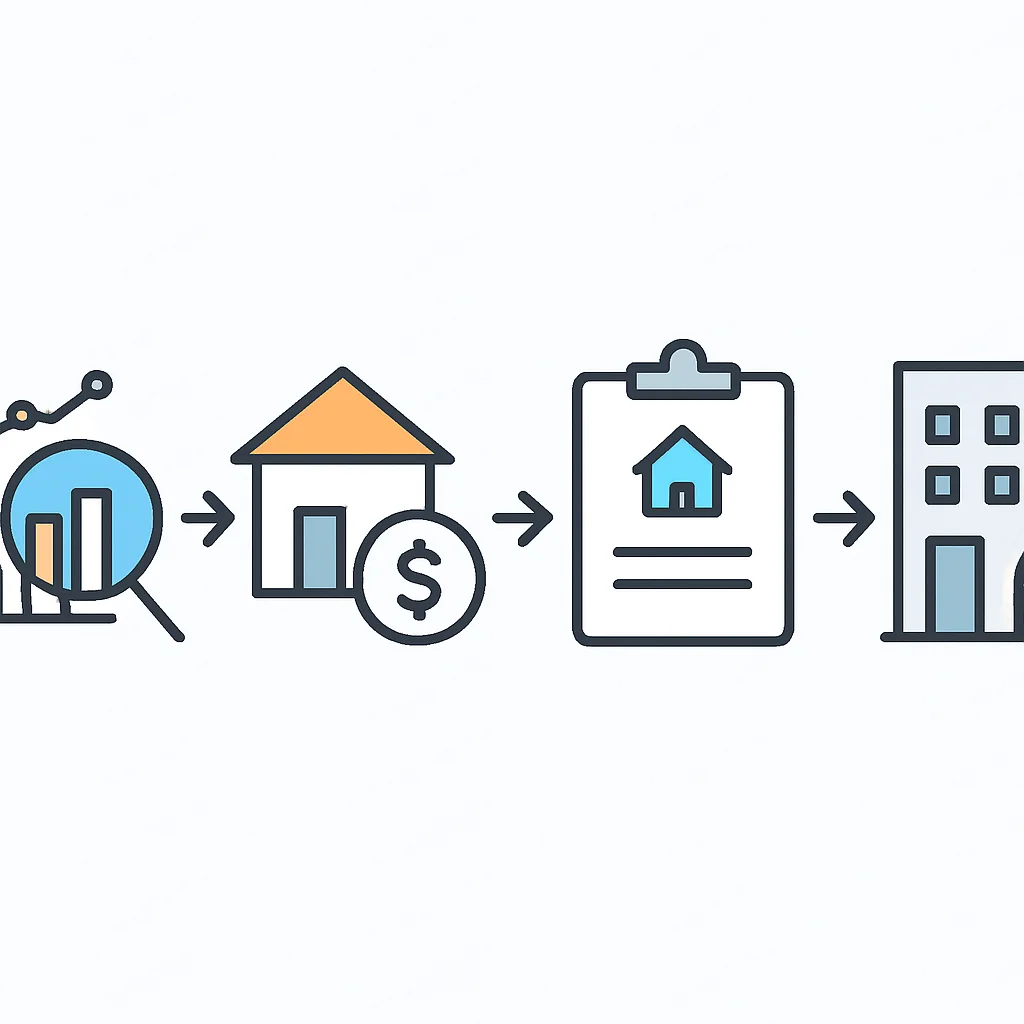 Diagramme architectural montrant le processus étape par étape de l'investissement immobilier, de l'analyse du marché à la gestion de la propriété, avec des flèches indiquant le flux