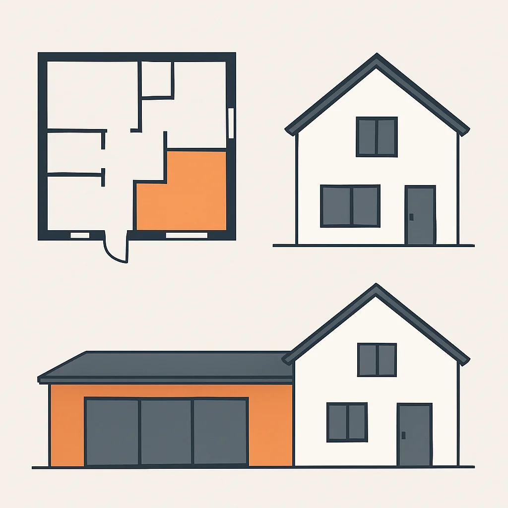 Dessin architectural d'une extension de maison avec plans d'étage et vues en élévation, soulignant le nouvel espace de vie et son intégration à la structure existante