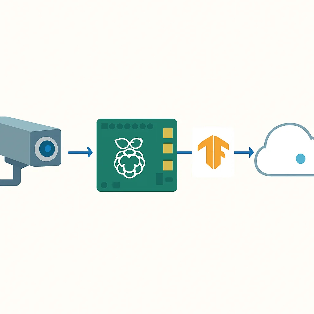 Diagramme d'architecture pour un déploiement ML Edge simple : une caméra IoT alimente des images à un Raspberry Pi (appareil Edge) exécutant un modèle TensorFlow Lite pour l'inférence, puis envoie uniquement les métadonnées traitées à un service Cloud.