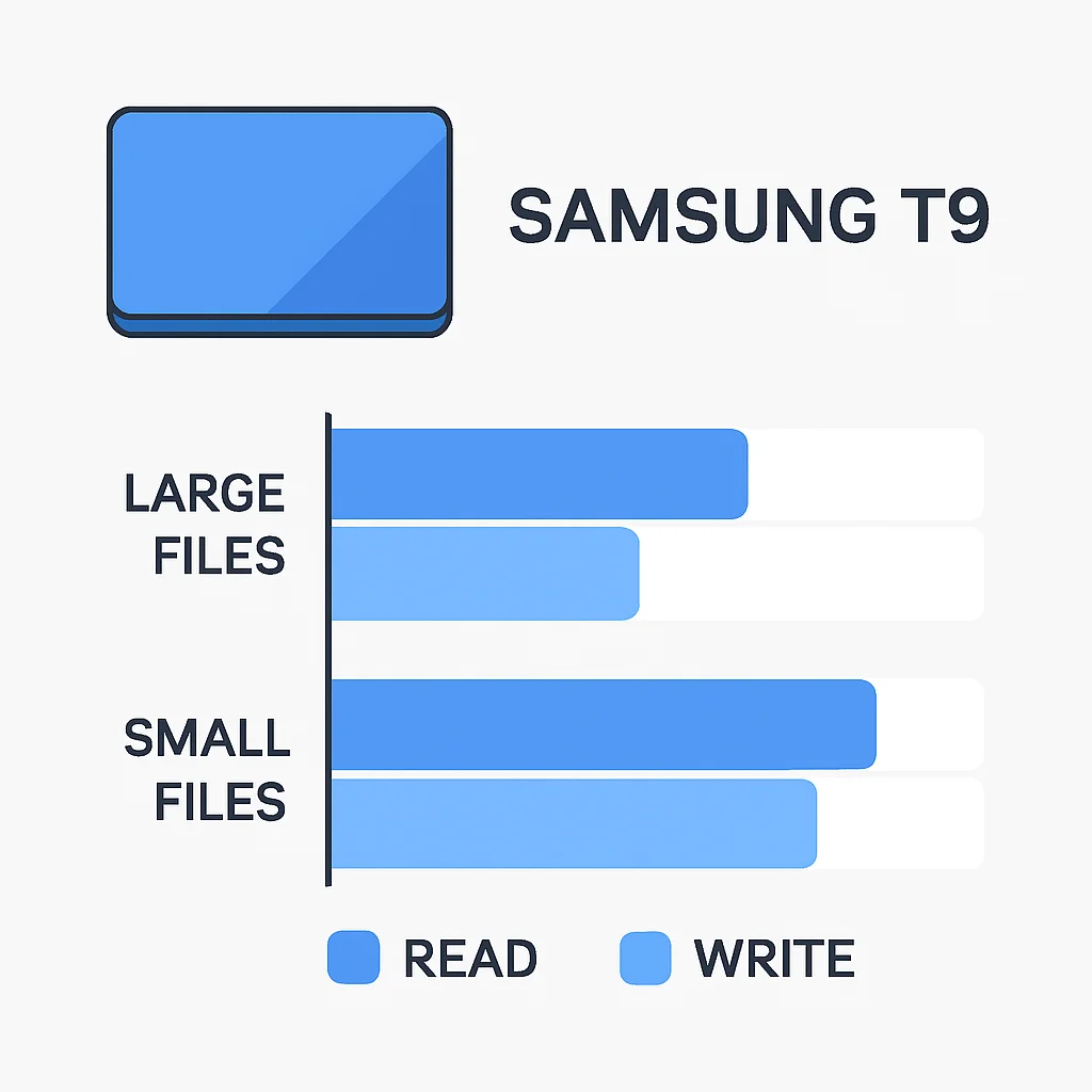 Résultats de benchmark pour le Samsung T9 montrant les vitesses de lecture/écriture séquentielle pour les fichiers volumineux et petits