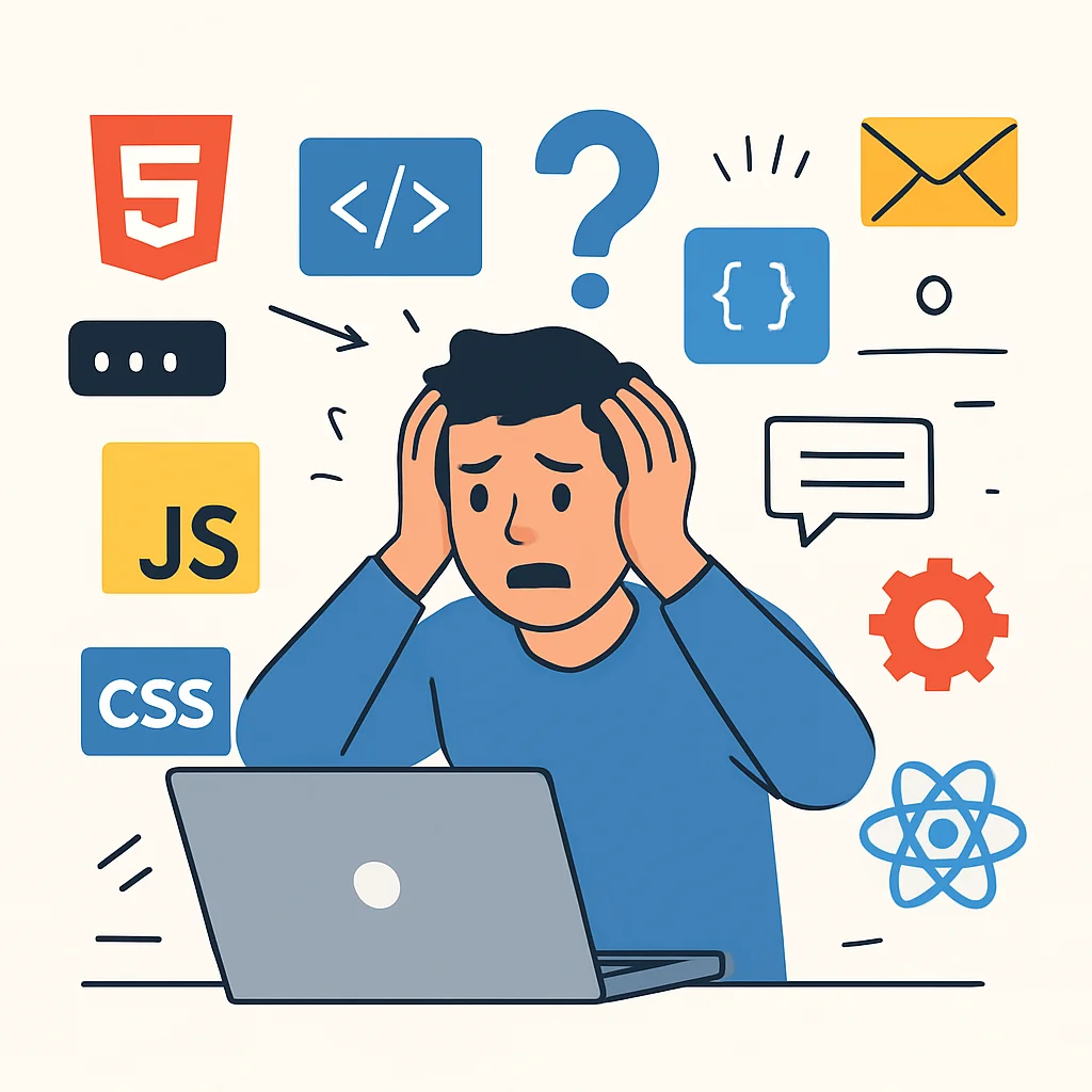 Illustration de bande dessinée d'un développeur submergé par un flot de logos technologiques et d'informations, montrant stress et confusion
