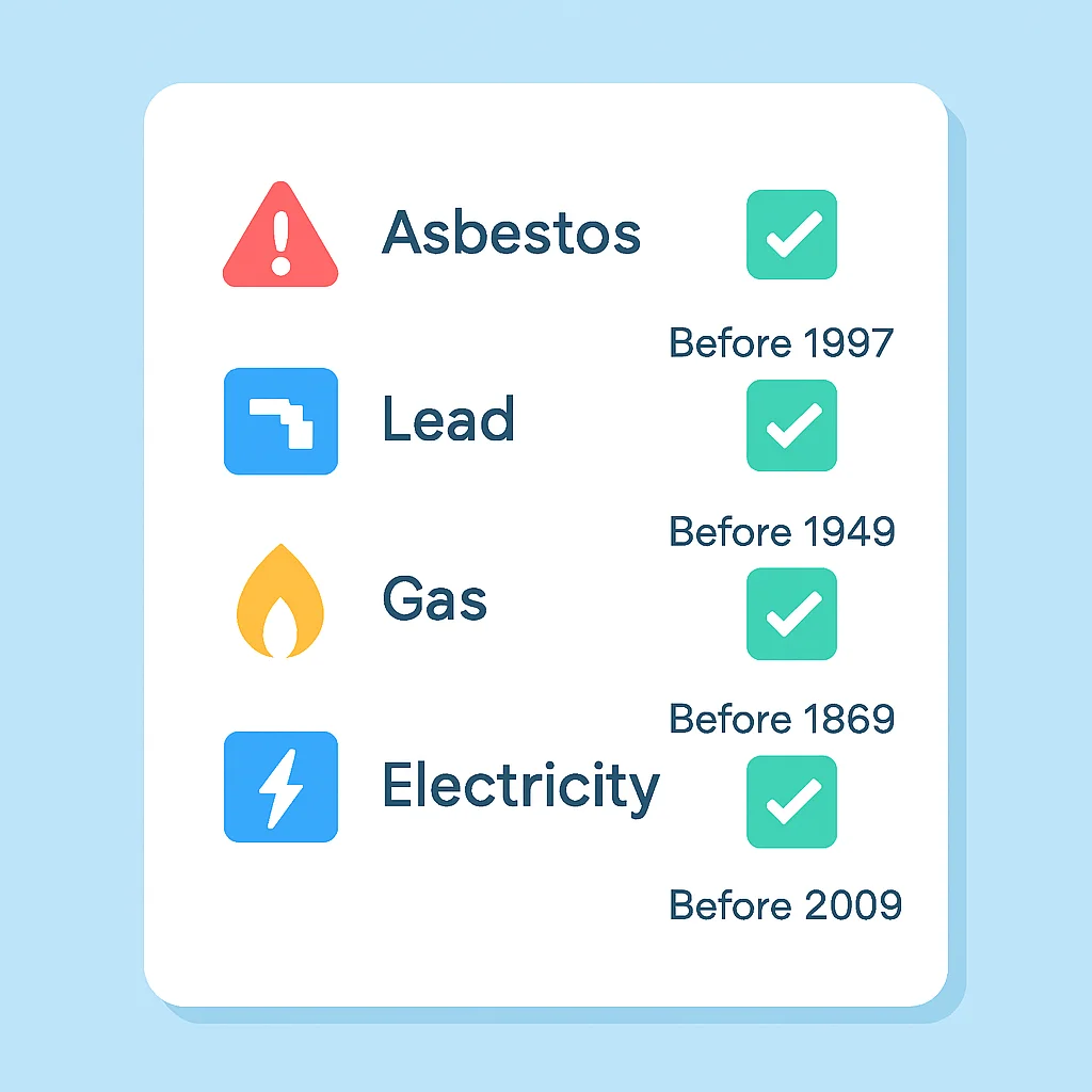 Liste de vérification des diagnostics obligatoires avant de débuter des travaux de rénovation en France, incluant amiante, plomb, gaz et électricité, avec les dates de construction correspondantes