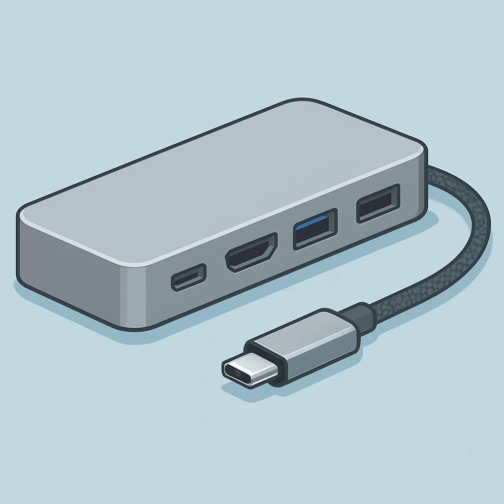 Gros plan sur une station d'accueil USB-C en aluminium de haute qualité, montrant les ports et un câble tressé, accentuant la qualité de fabrication
