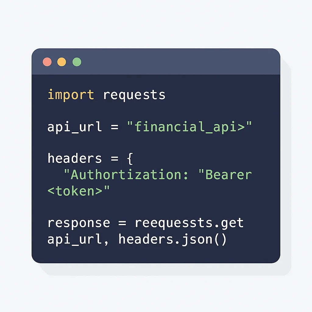 Extrait de code Python montrant un script se connectant à une API financière et récupérant des données de transaction