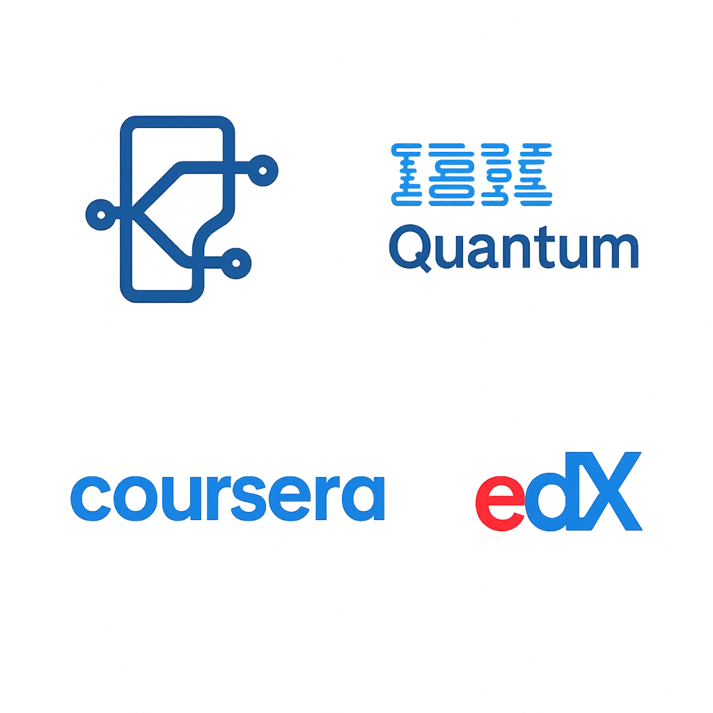Collage de logos de plateformes d'éducation et SDK d'informatique quantique (Qiskit, IBM Quantum, Coursera, edX)