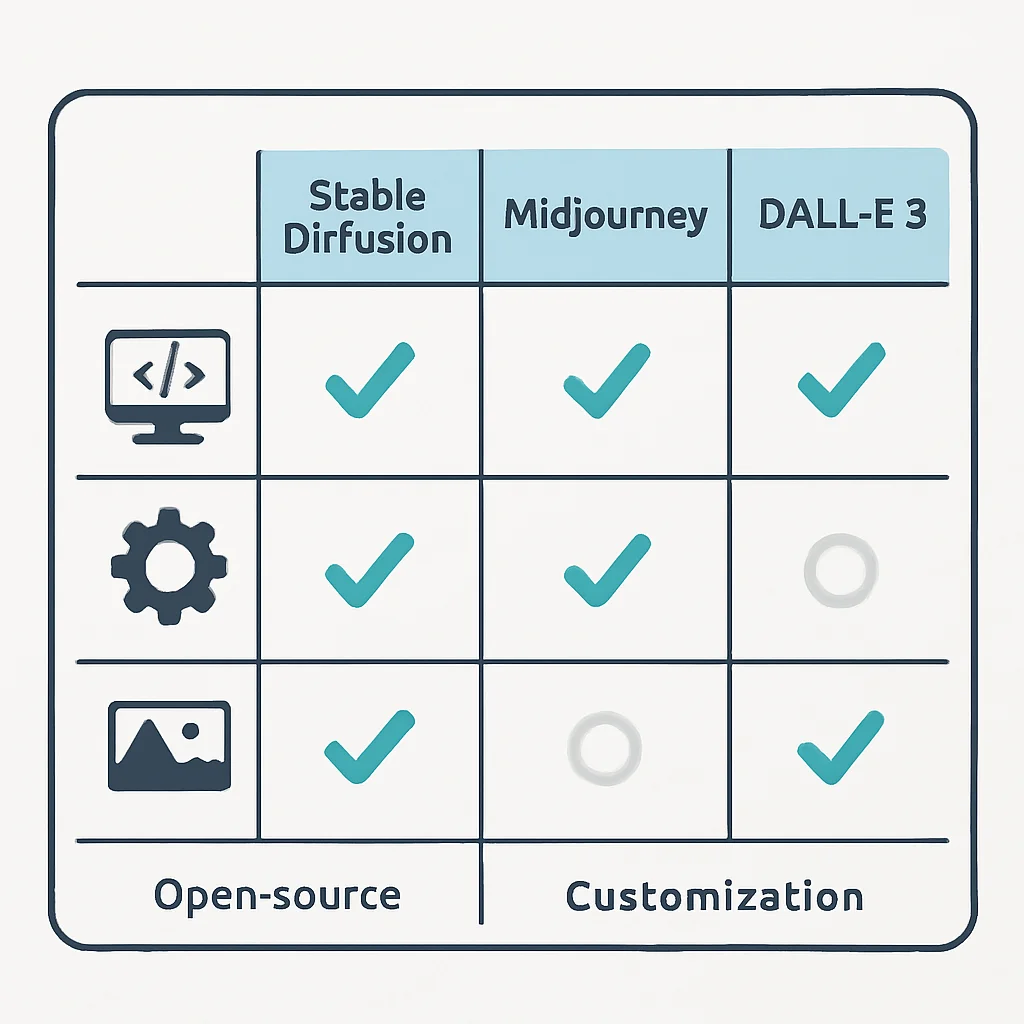 Tableau comparatif des fonctionnalités et capacités de Stable Diffusion, Midjourney et DALL-E 3, soulignant leur nature open source, leur personnalisation et leurs forces spécifiques