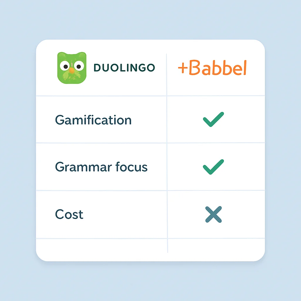 Tableau comparatif des fonctionnalités de Duolingo et Babbel pour les développeurs (gamification, focus grammaire, coût)