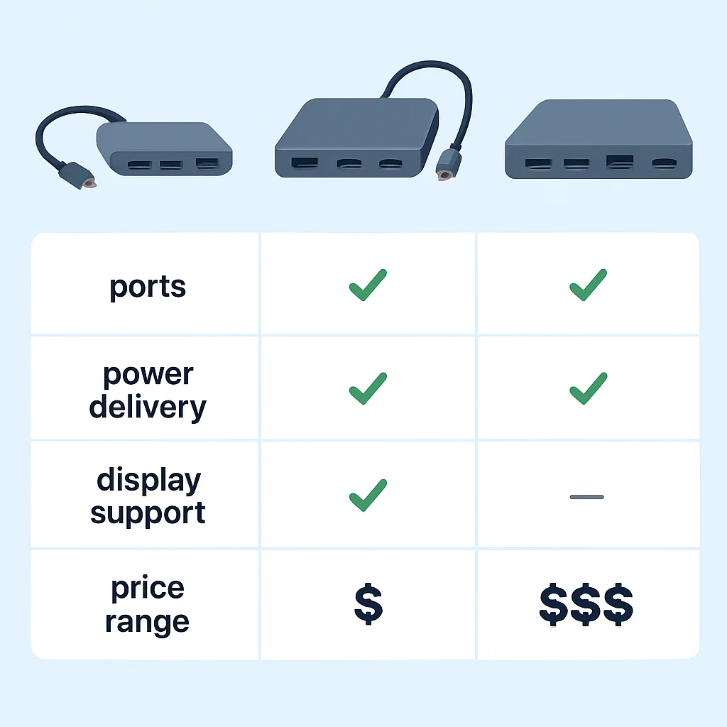 Tableau comparatif des hubs USB-C et stations d'accueil, comparant les ports, l'alimentation, le support d'affichage et la fourchette de prix