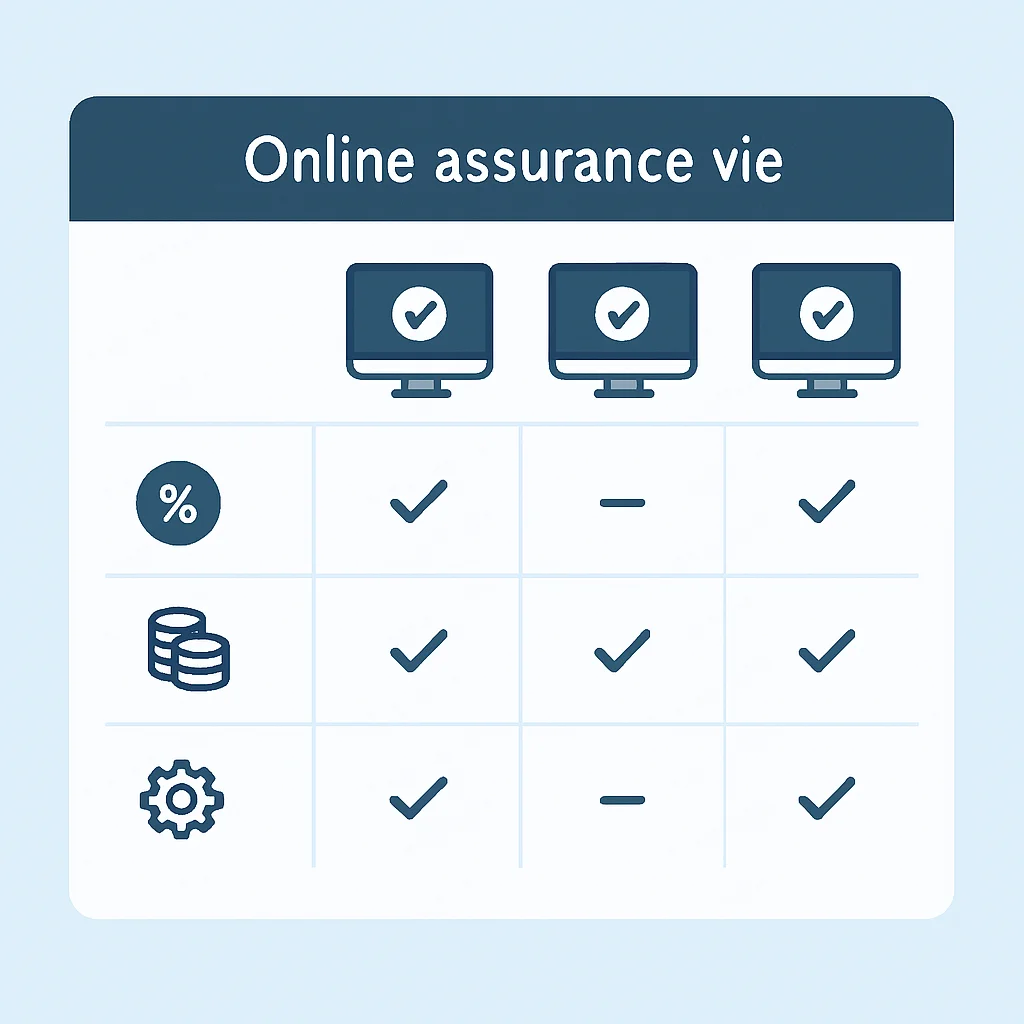 Tableau comparatif de différents contrats d'Assurance Vie en ligne affichant les frais, les options de fonds et les fonctionnalités