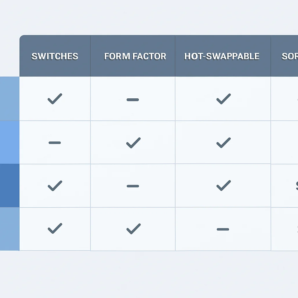Tableau comparatif des claviers mécaniques pour développeurs avec colonnes : modèle, switches, format, hot-swappable, logiciel, prix