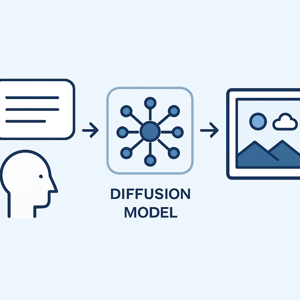 Diagramme conceptuel illustrant le processus de génération d'images par IA, des prompts textuels à la sortie visuelle, avec les différentes étapes et le rôle d'un modèle de diffusion