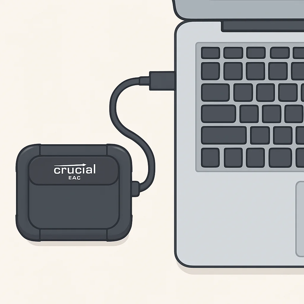 Crucial X10 Pro connecté à un ordinateur portable, illustrant sa taille compacte et sa conception robuste