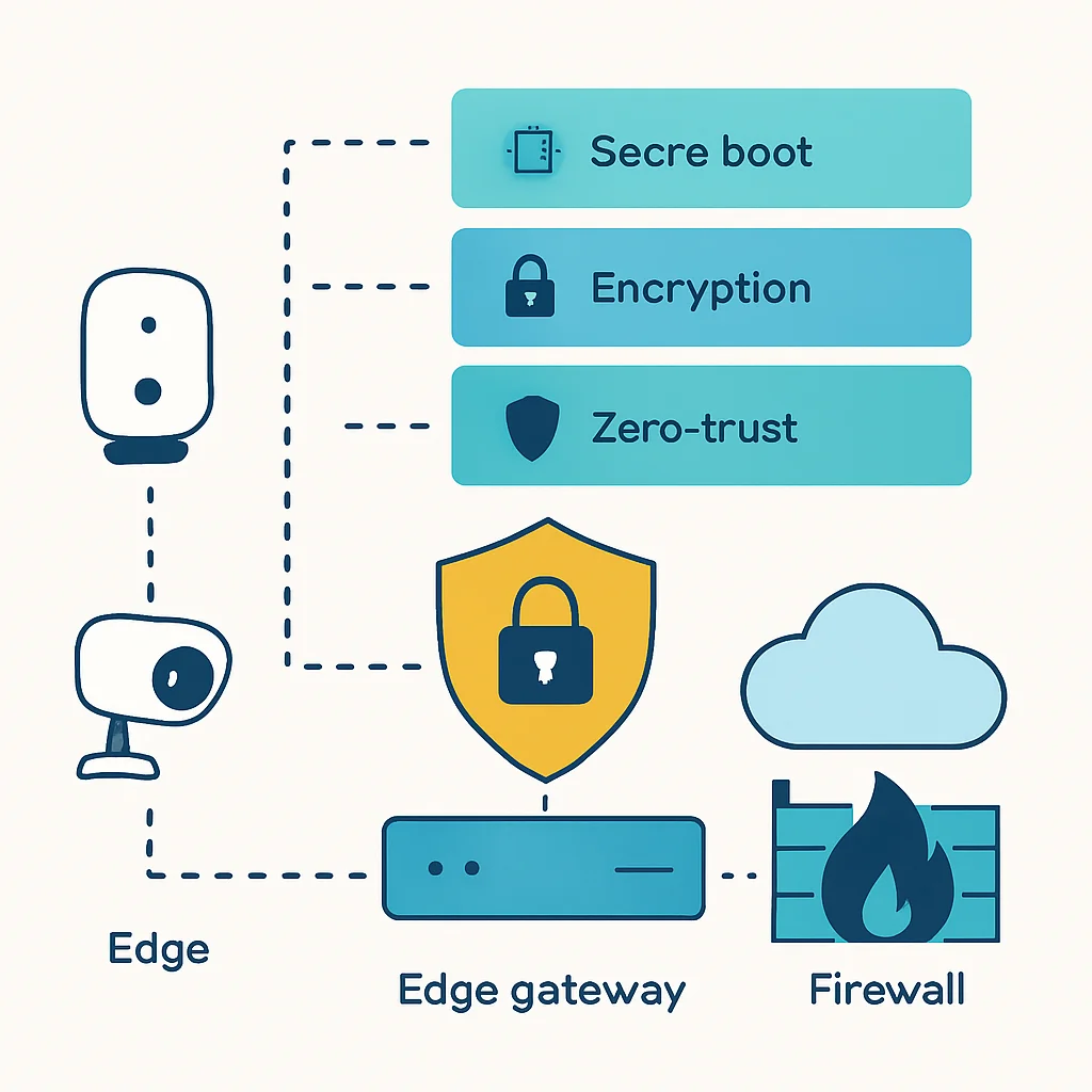 Diagramme d'architecture de cybersécurité pour l'Edge Computing, illustrant les couches de sécurité incluant le démarrage sécurisé, le chiffrement, le pare-feu et les principes de confiance zéro pour les appareils IoT et les passerelles Edge.