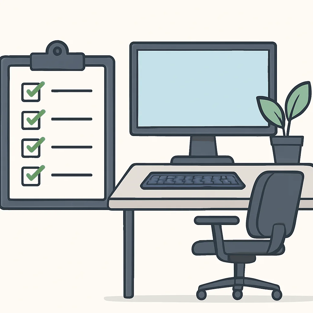 Illustration détaillée d'une liste de vérification pour l'aménagement ergonomique d'un poste de travail, chaque point étant marqué d'un coche vert