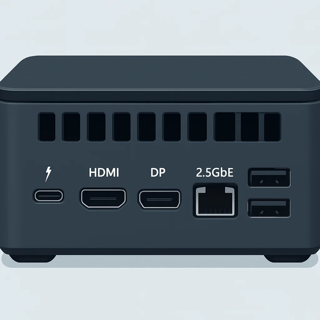Gros plan détaillé des ports arrière d'un Mini PC moderne, présentant Thunderbolt 4, HDMI 2.1, DisplayPort 2.0, Ethernet 2.5 GbE et plusieurs ports USB-A.