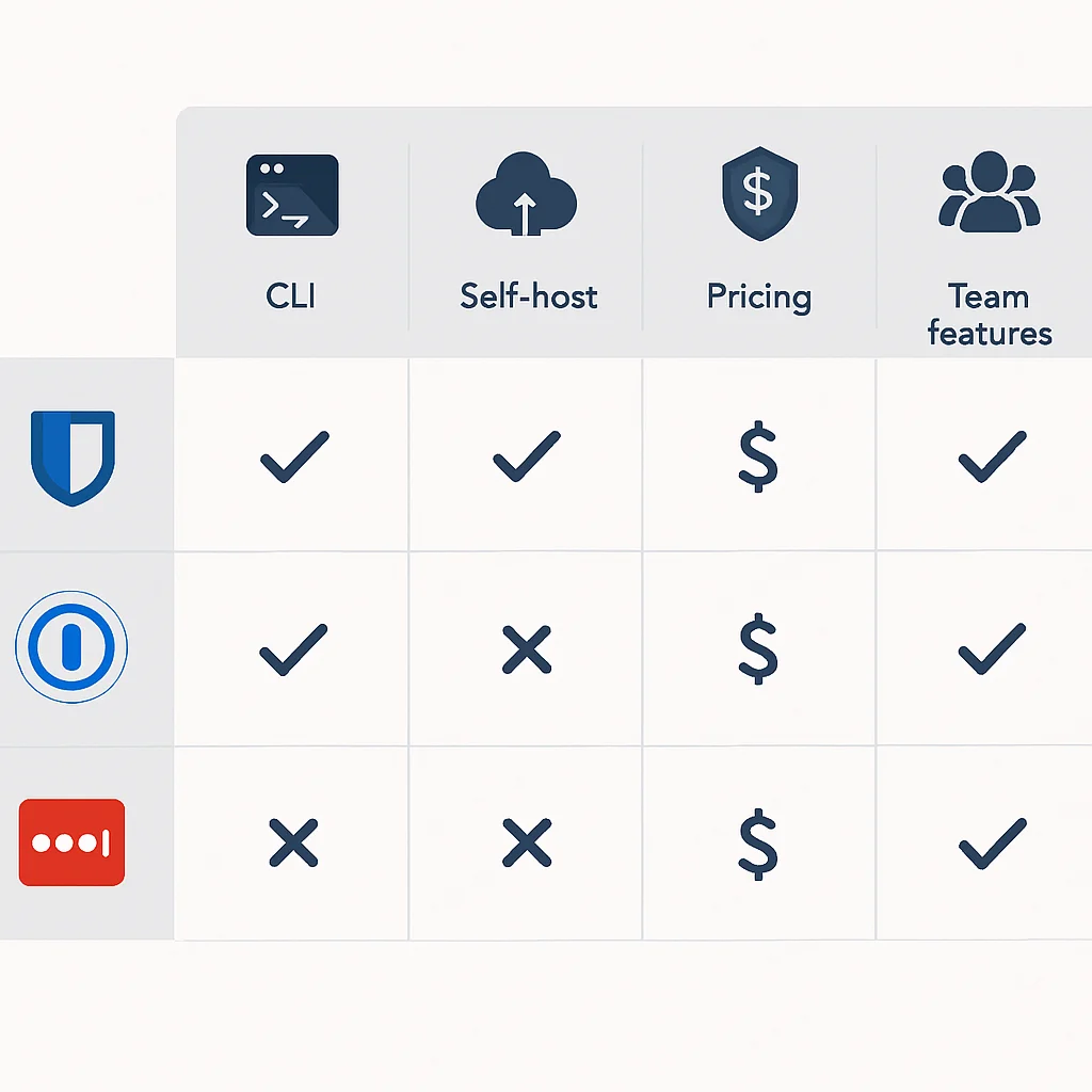 Tableau comparatif détaillé des gestionnaires de mots de passe pour développeurs (Bitwarden, 1Password, LastPass)