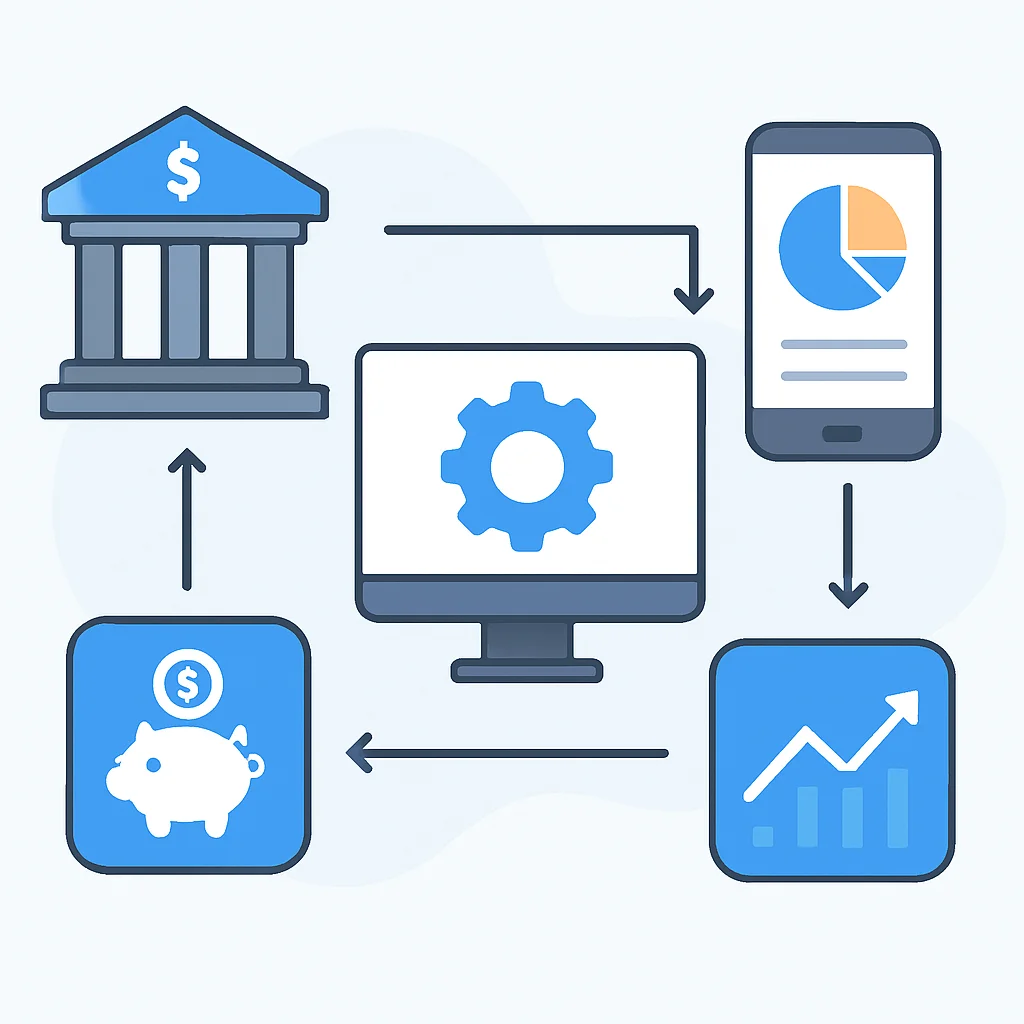 Diagramme détaillé d'un flux d'automatisation financière incluant comptes bancaires, applications de budget, comptes d'épargne et plateformes d'investissement