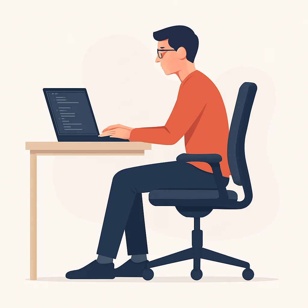 Développeur assis de manière ergonomique, illustrant la posture correcte sur une chaise avec les pieds à plat, les genoux à 90 degrés et le soutien lombaire