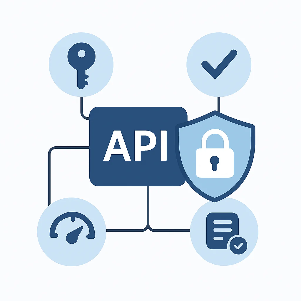 Diagramme illustrant les meilleures pratiques de sécurité des API incluant l'authentification, l'autorisation, la limitation de débit et la validation des entrées