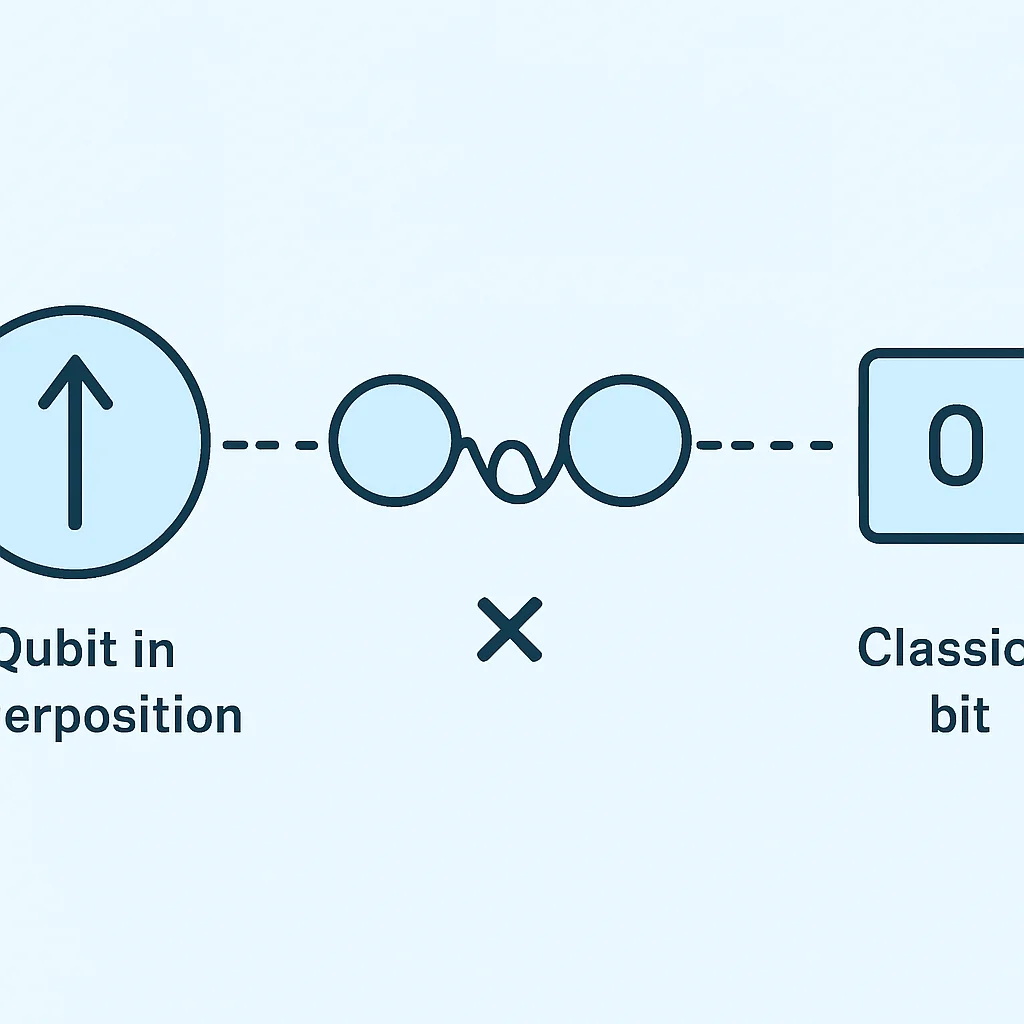 Diagramme illustrant le concept d'un qubit en superposition et intrication comparé à un bit classique