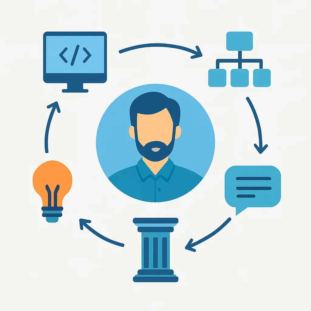 Diagramme illustrant les piliers du développeur senior : maîtrise technique, architecture, leadership, résolution de problèmes, communication.