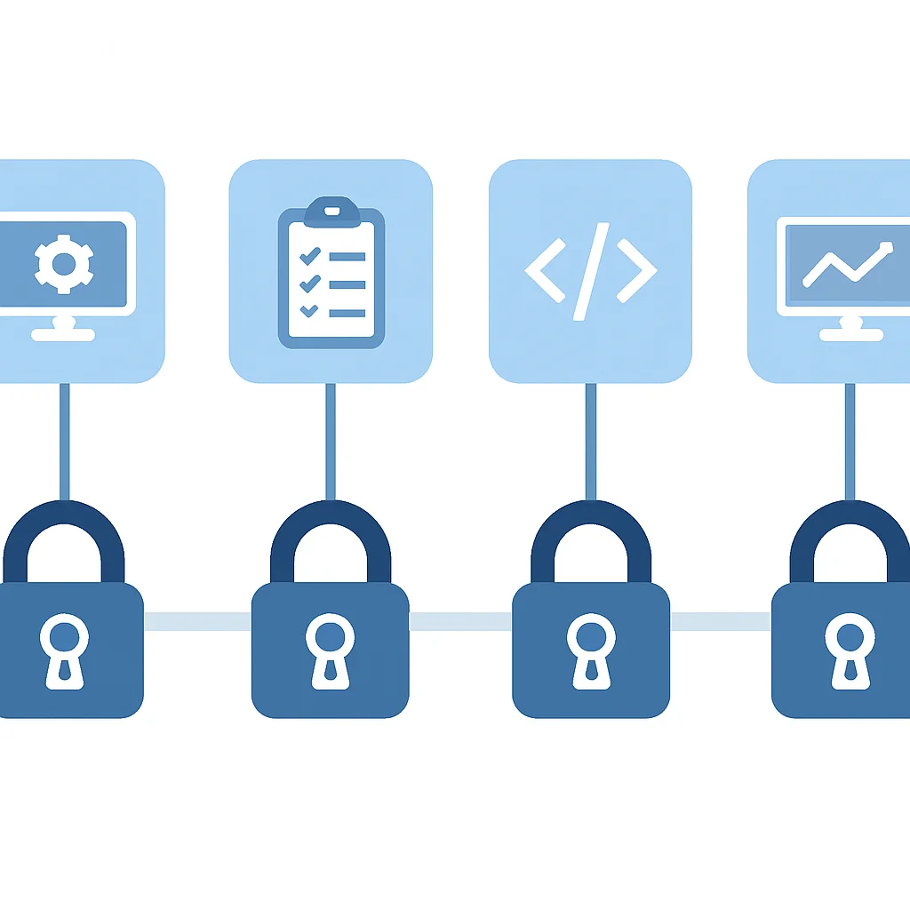 Diagramme illustrant le cycle de vie du développement logiciel sécurisé (SSDLC) avec des points de contrôle de sécurité