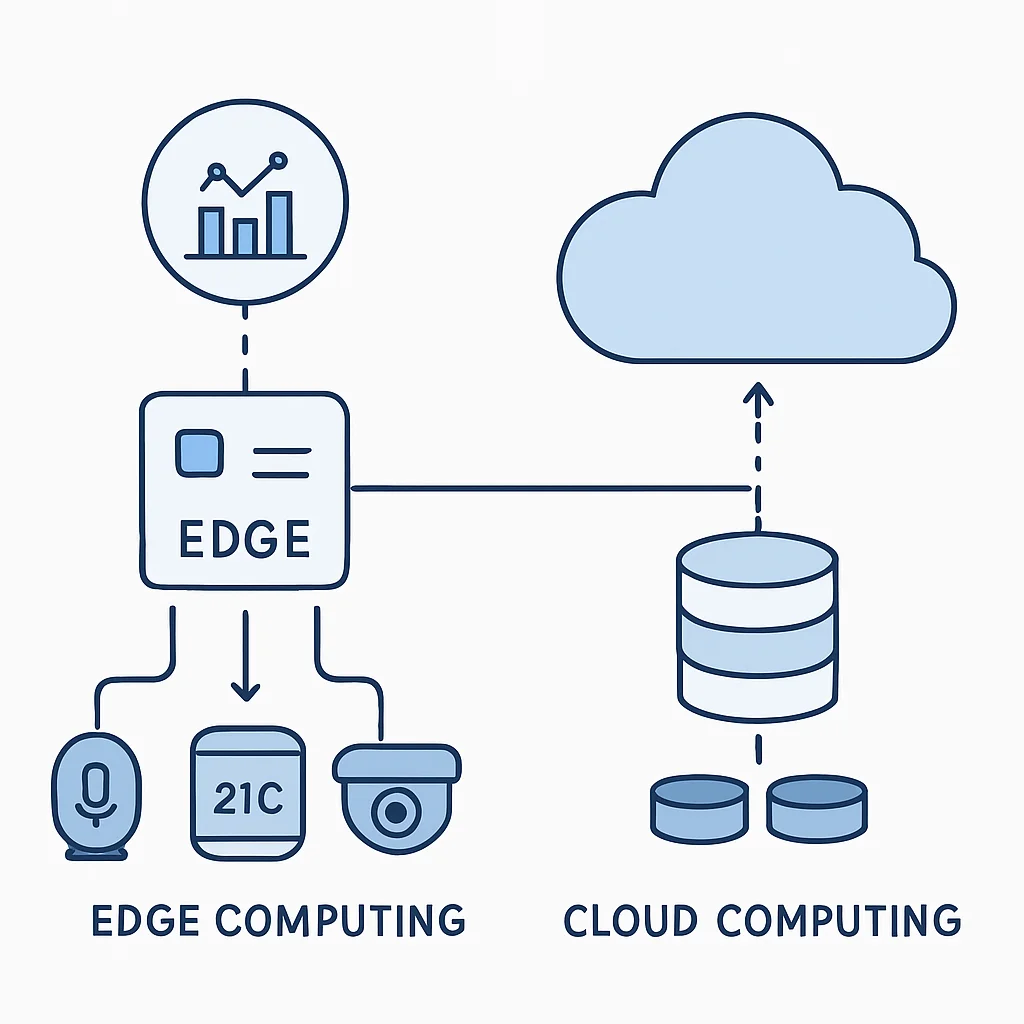 Diagramme comparatif des architectures Edge Computing et Cloud Computing, soulignant leurs forces et cas d'utilisation respectifs. Flux de données des appareils IoT vers les nœuds Edge, puis sélectivement vers le Cloud.