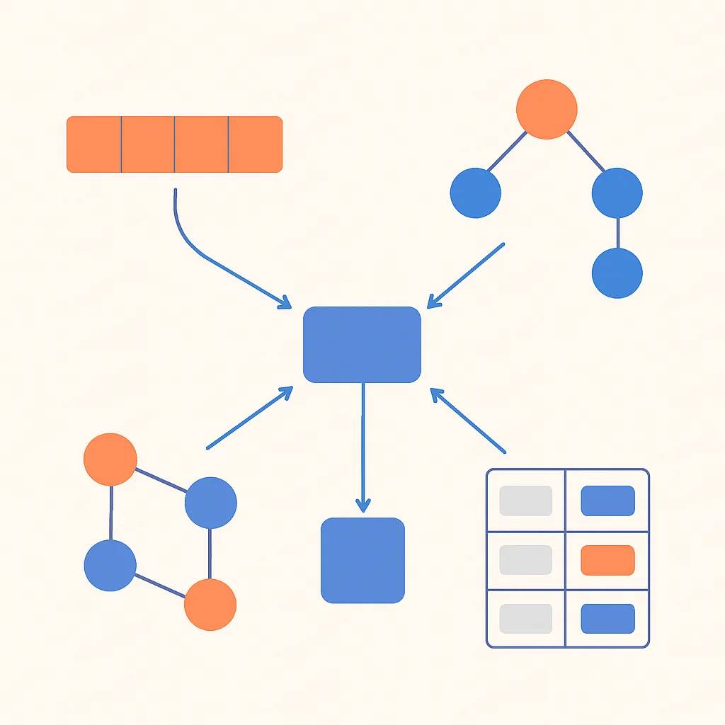 Diagramme illustrant les structures de données courantes (tableaux, listes chaînées, arbres, graphes, tables de hachage) et leurs relations.