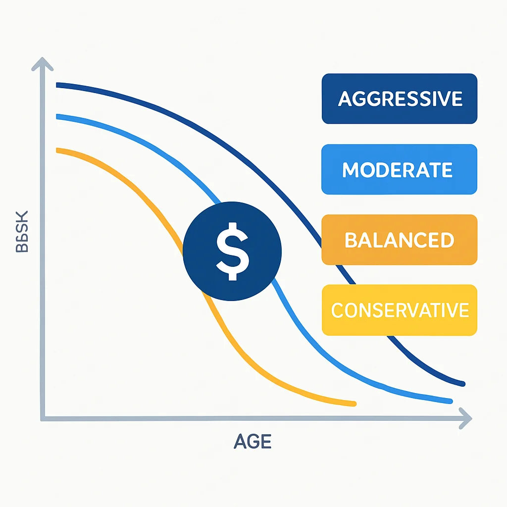 Diagramme montrant différentes stratégies d'investissement en Assurance Vie basées sur l'âge et la tolérance au risque, d'agressive à conservatrice