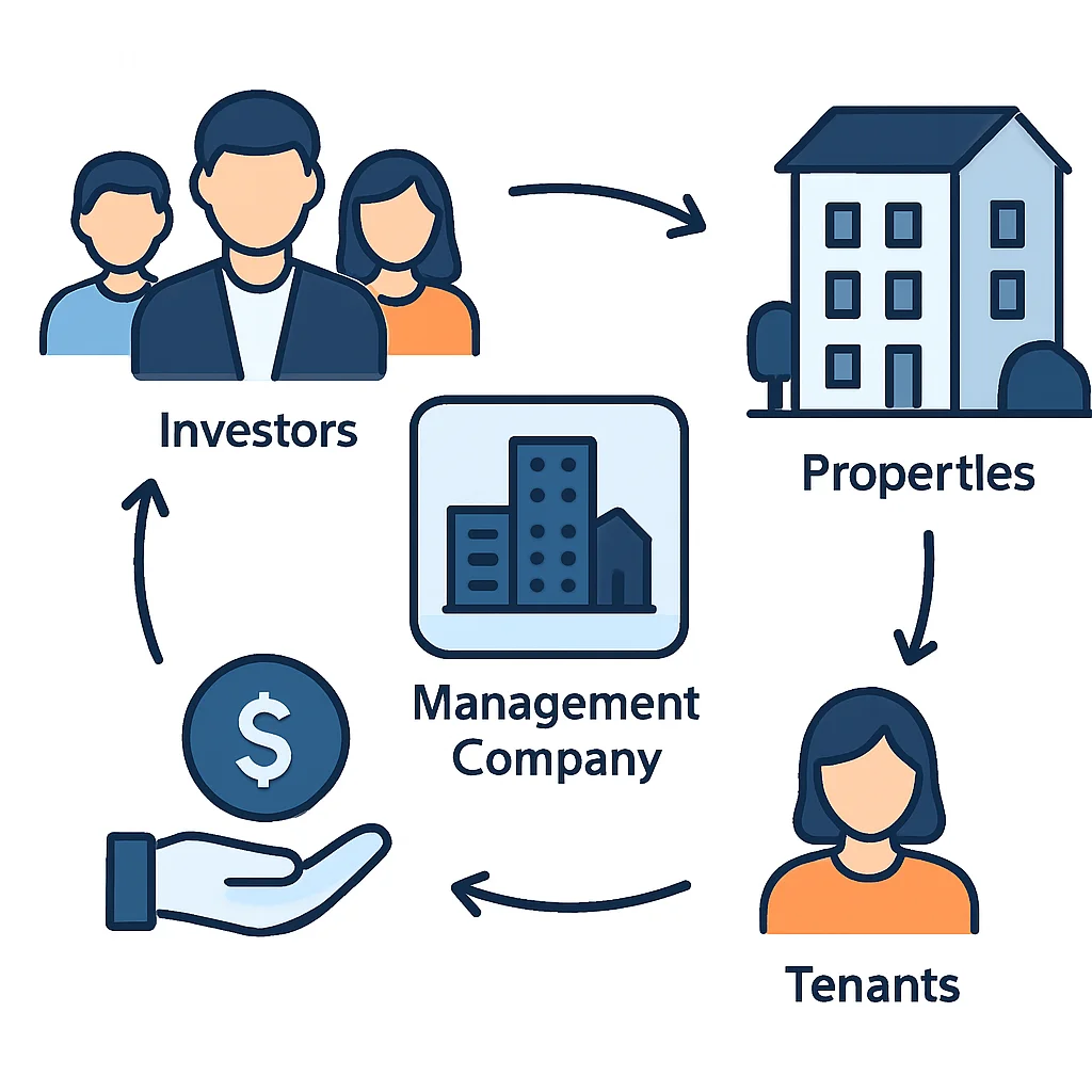 Diagramme expliquant le fonctionnement d'une SCPI : investisseurs achètent des parts, société de gestion acquiert des biens, locataires paient loyers, société de gestion distribue dividendes.