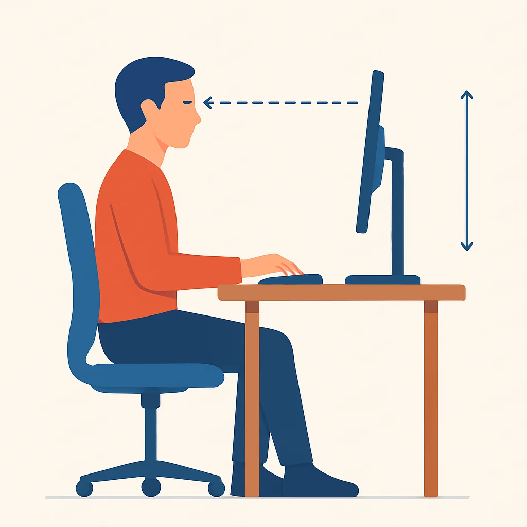 Diagramme d'une configuration ergonomique idéale pour un poste de travail de développeur, montrant la distance et la hauteur de l'écran, ainsi que la posture du corps
