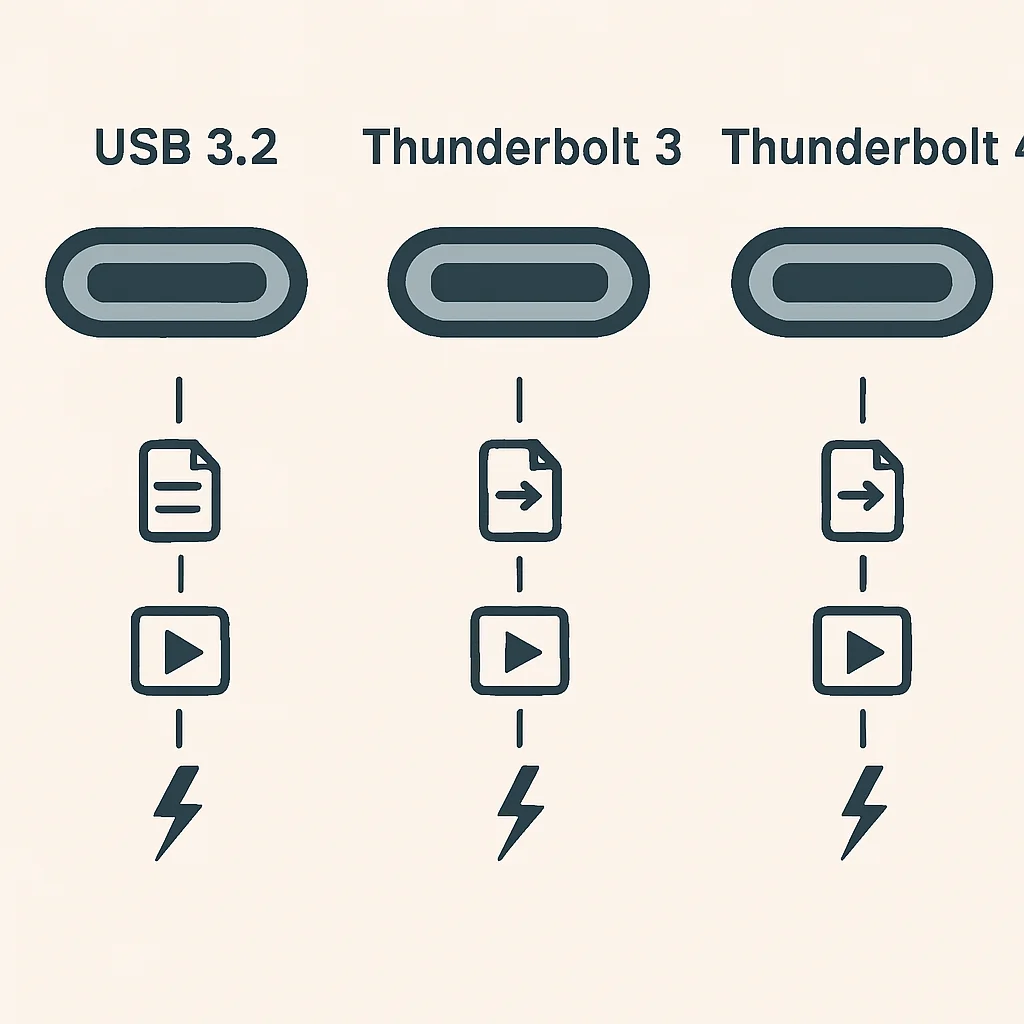 Diagramme des différents types de ports USB-C (USB 3.2, Thunderbolt 3, Thunderbolt 4) et leurs capacités de bande passante pour les données, la vidéo et l'alimentation