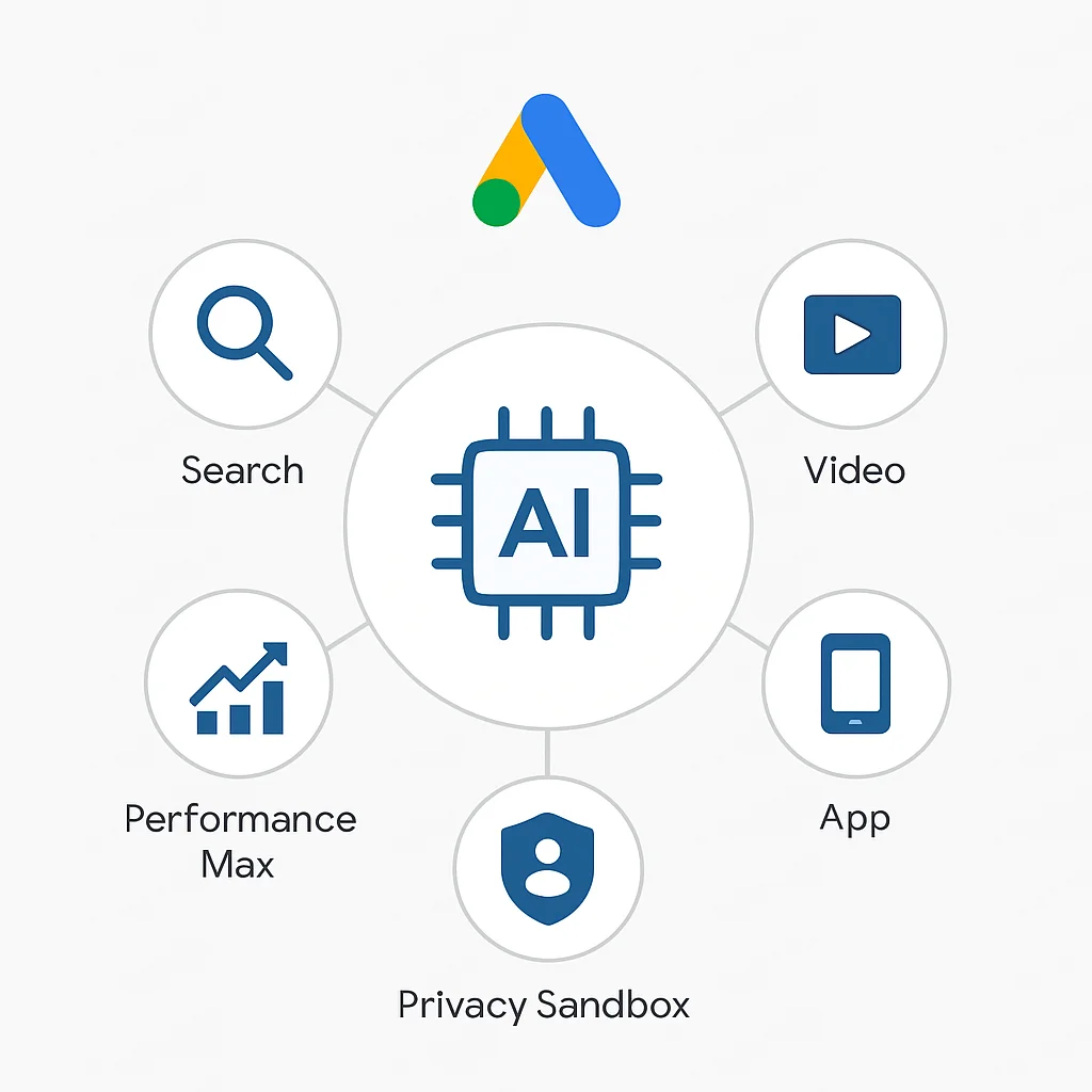 Diagramme de l'écosystème Google Ads avec l'IA au centre, différents types de campagnes (Recherche, Display, Vidéo, App, Performance Max), et l'intégration des concepts de Privacy Sandbox