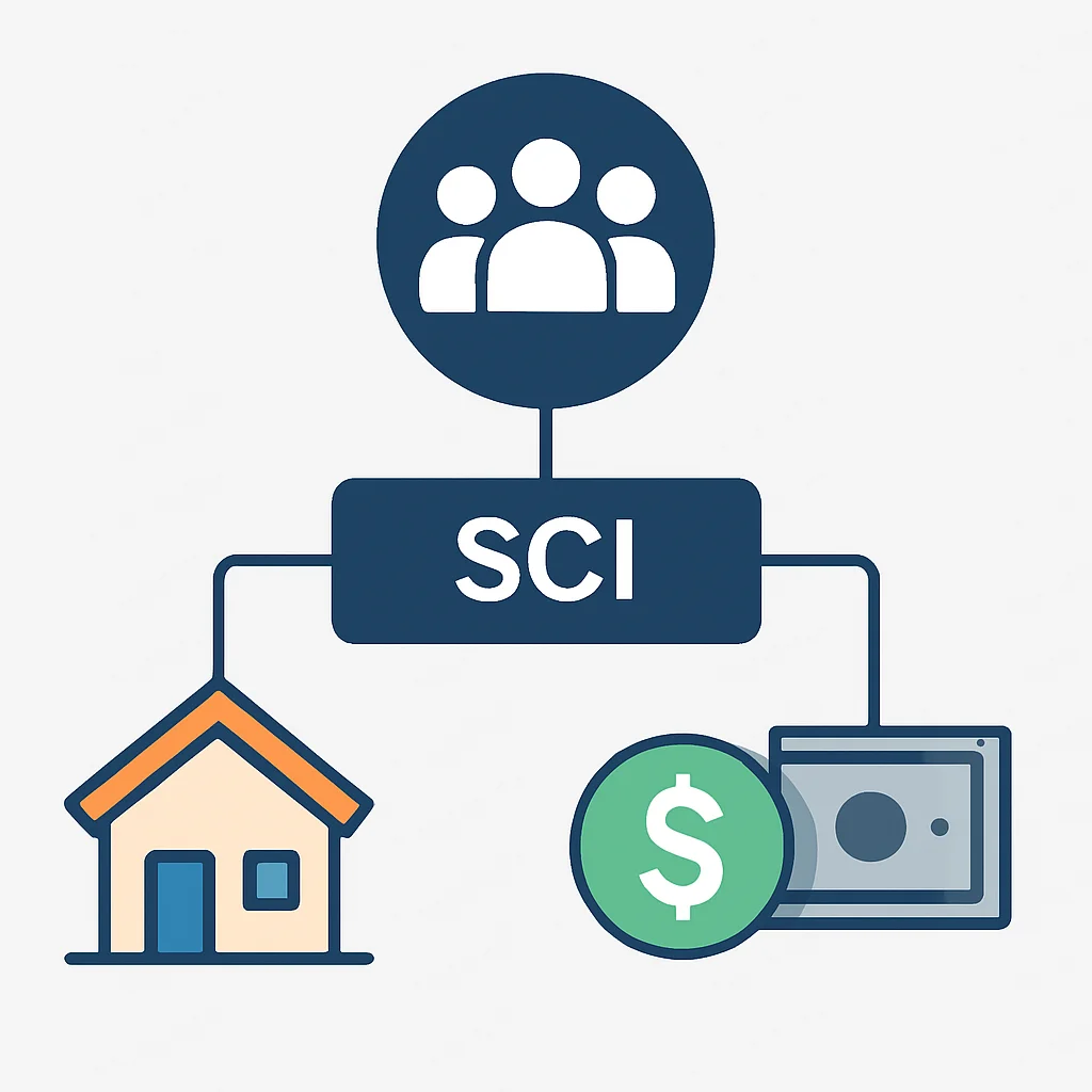 Diagramme de la structure d'une SCI avec associés, biens immobiliers et flux de trésorerie