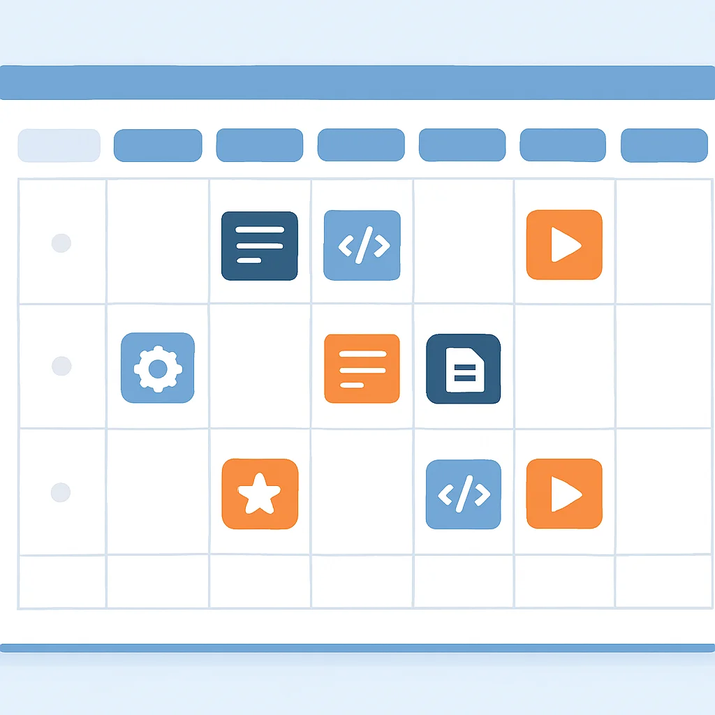 Exemple détaillé d'un calendrier de contenu pour un blog de développeur, avec les sujets prévus (optimisation Rust, sécurité GraphQL), les formats (article, vidéo, live coding) et les dates de publication sur un mois de 2026.