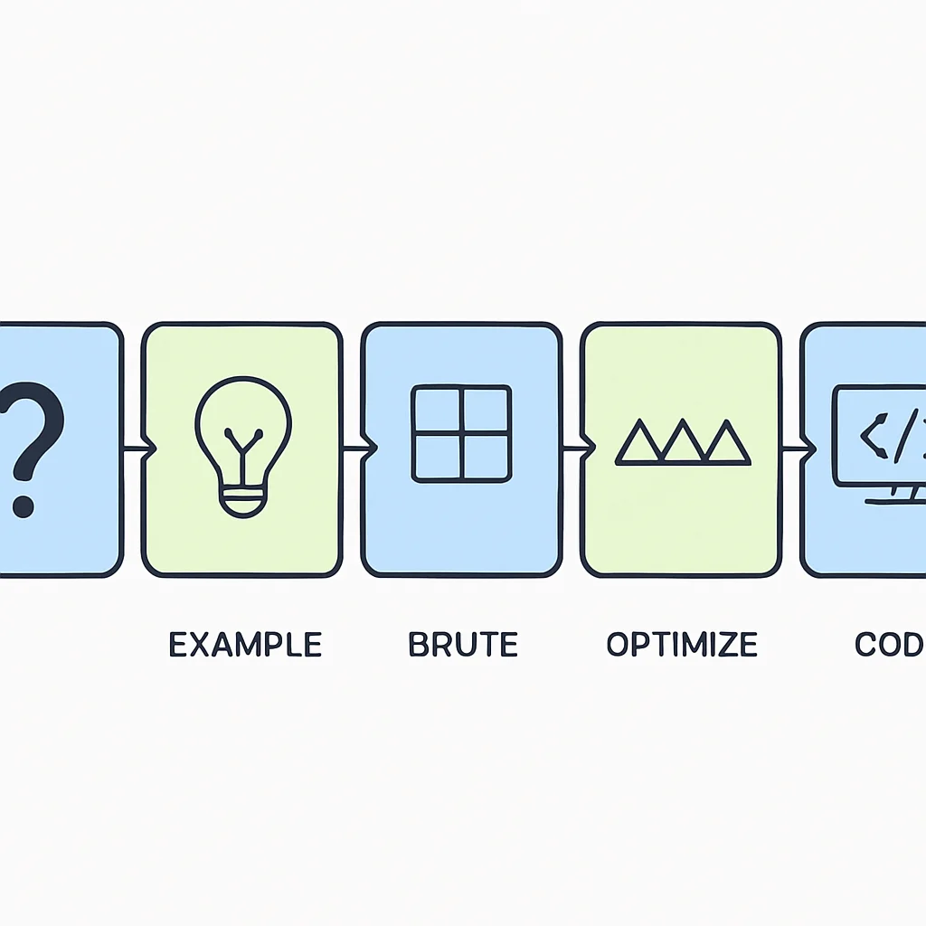 Organigramme illustrant la stratégie de résolution de problèmes en 5 étapes pour les entretiens de codage (Clarifier, Exemple, Force Brute, Optimiser, Coder et Tester).