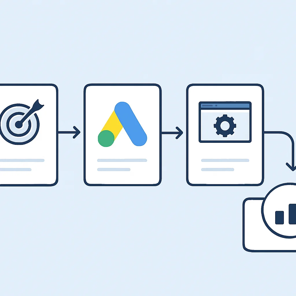 Organigramme illustrant le processus étape par étape de configuration d'une campagne Google Ads pour un nouveau produit tech, de la définition des objectifs à l'optimisation continue.