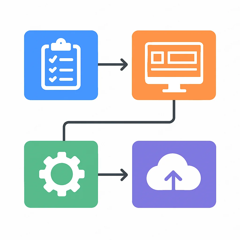 Organigramme des étapes d'implémentation des micro-frontends, de la planification au déploiement