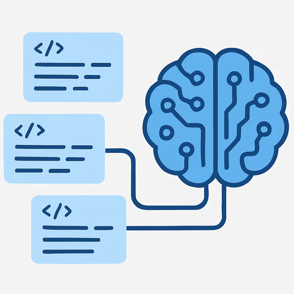Illustration abstraite d'un cerveau IA générant des extraits de code, représentant l'impact de l'IA générative sur le développement logiciel