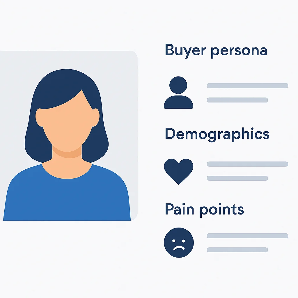 Profil de persona acheteur avec données démographiques, intérêts et points de douleur