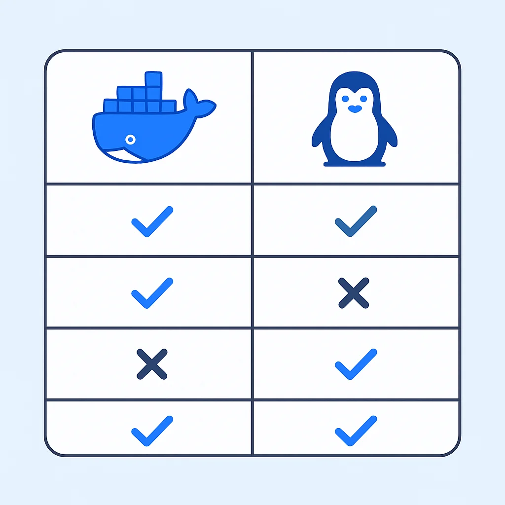 Tableau comparatif des fonctionnalités Docker vs Podman