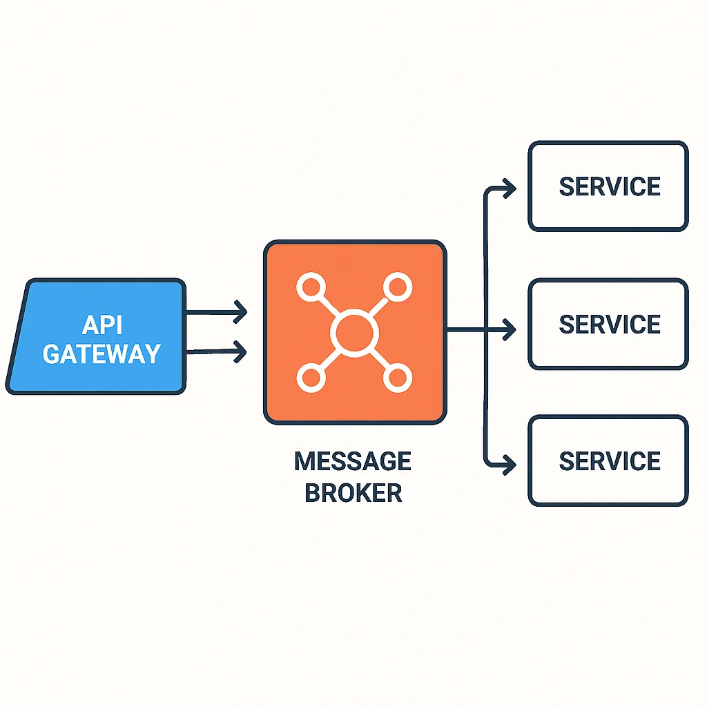 Diagramme illustrant les modèles de communication inter-services dans les microservices, incluant la passerelle API et le courtier de messages