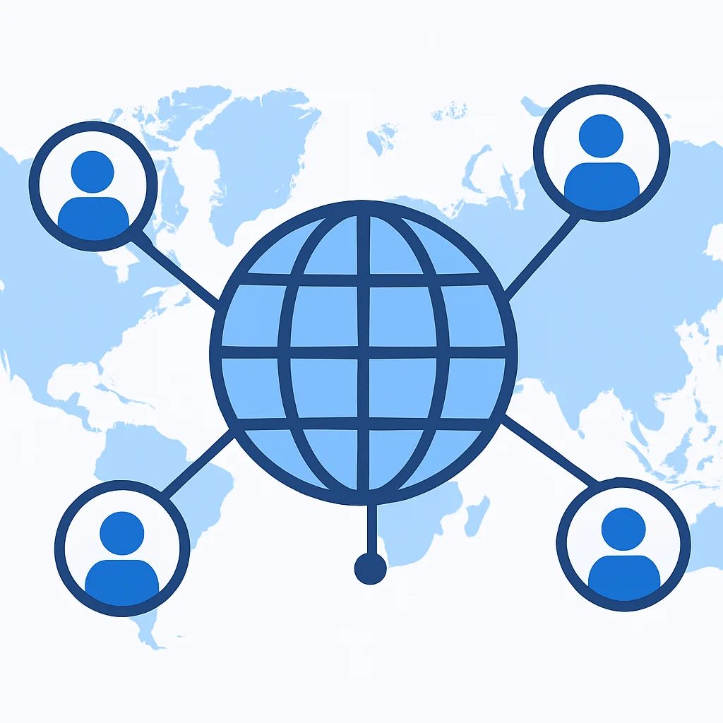 Illustration de la portée globale du marché avec des nœuds interconnectés et des icônes d'utilisateur