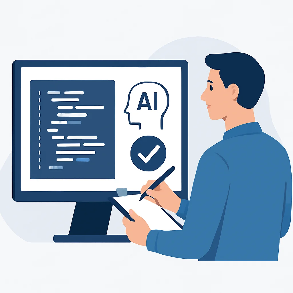 Illustration d'un développeur révisant du code généré par l'IA, soulignant le besoin de supervision humaine et de contrôle qualité