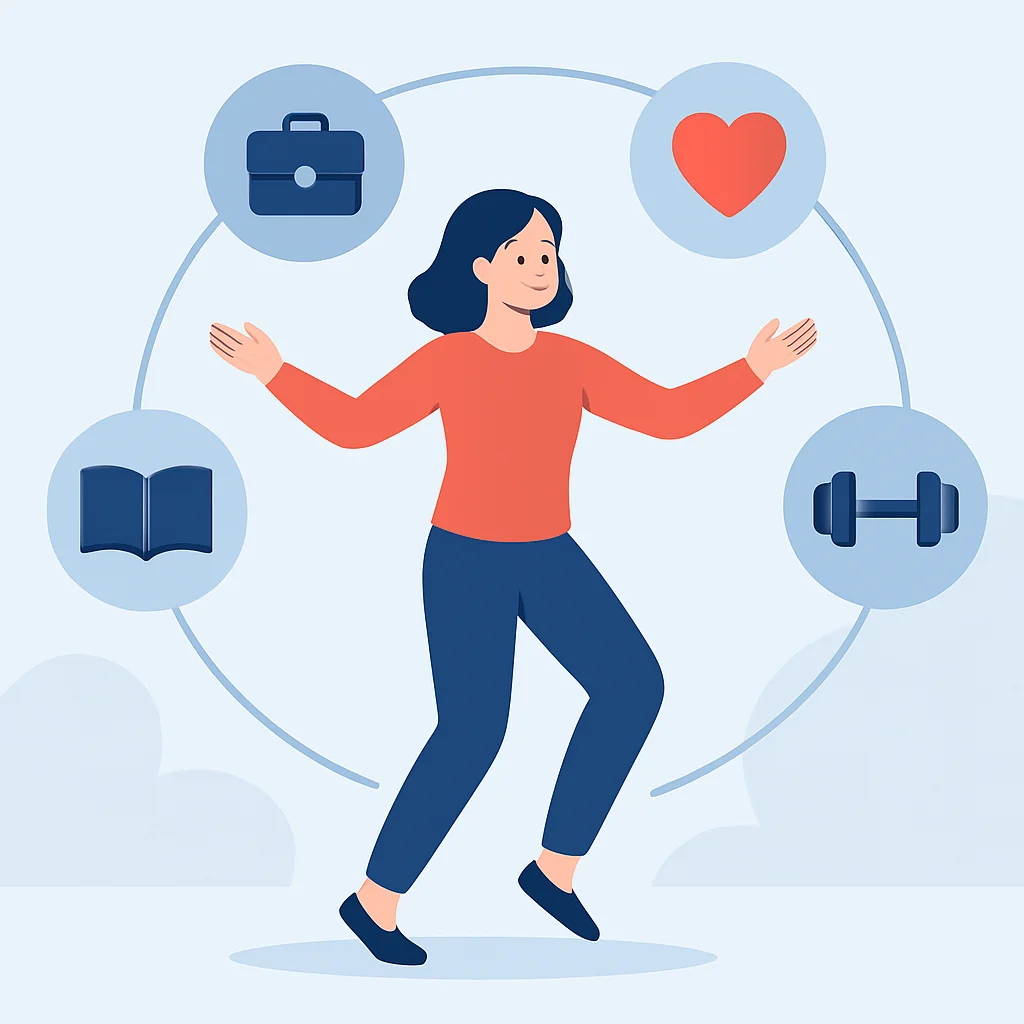 Illustration d'une personne équilibrant divers aspects de la vie (travail, santé, relations, apprentissage) dans un monde dynamique et interconnecté