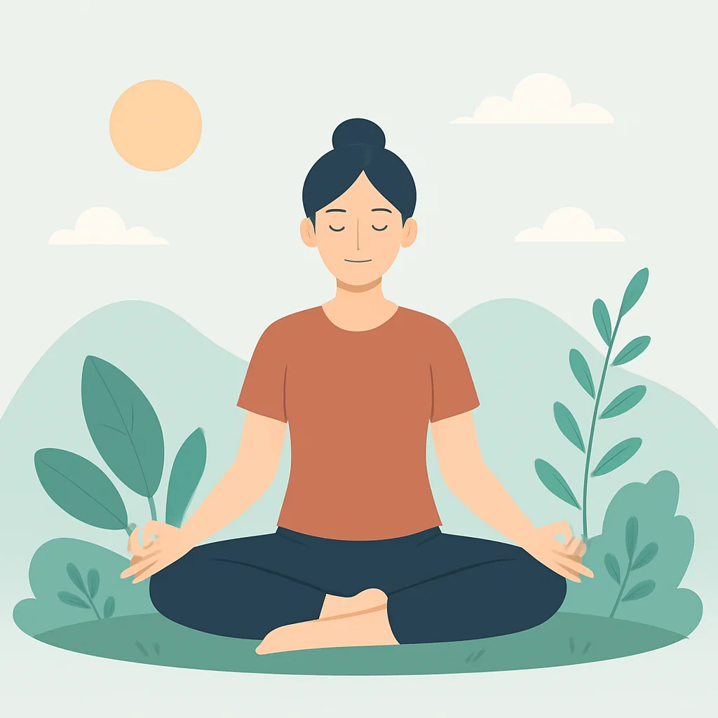Illustration d'une personne méditant paisiblement dans un cadre naturel, symbolisant le bien-être mental et l'équilibre