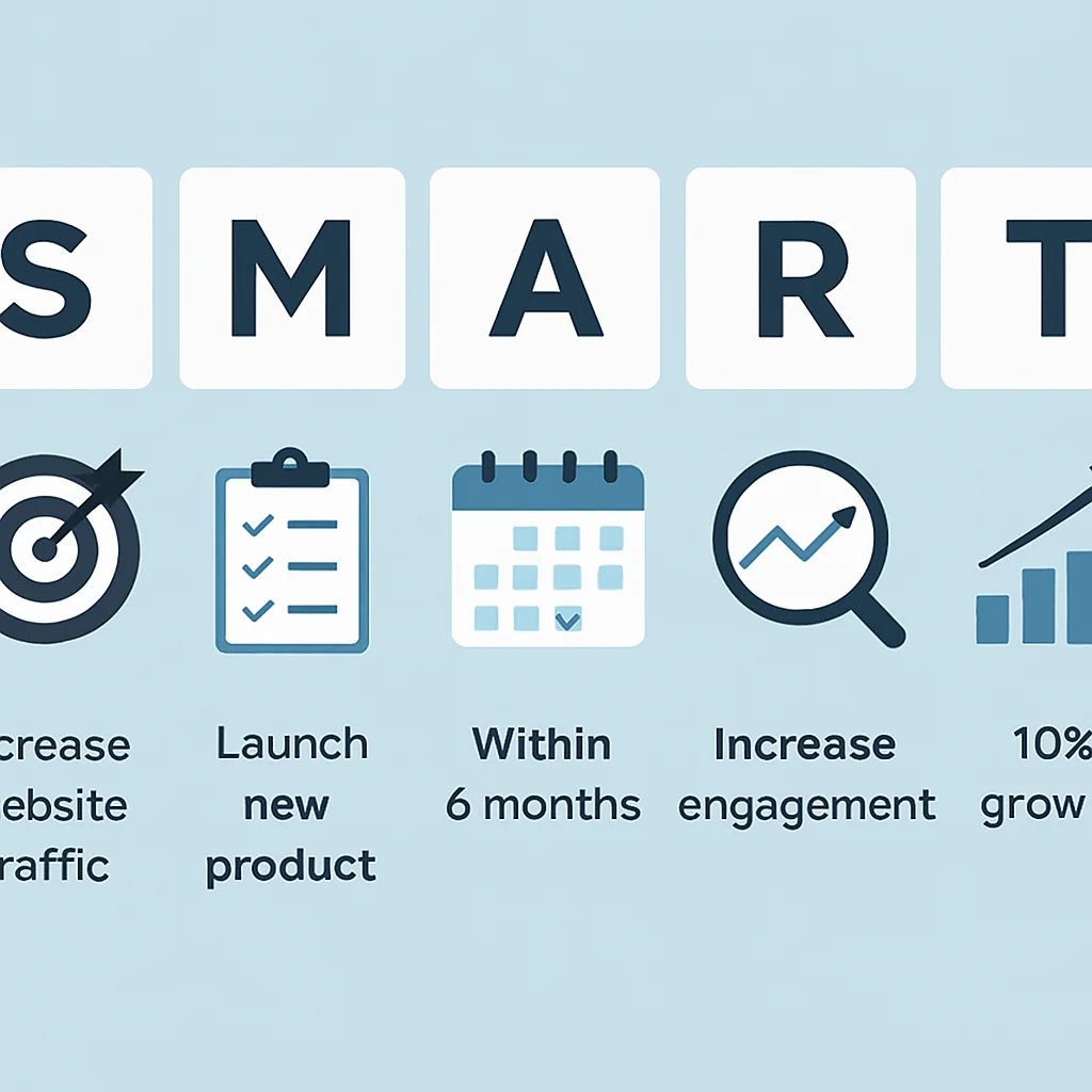 Infographie présentant le cadre d'objectifs SMART avec des exemples pour chaque lettre