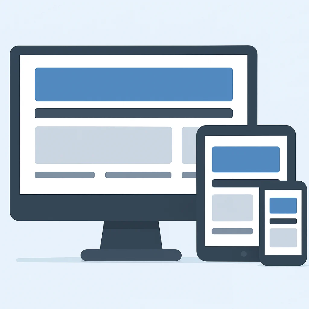 Illustration de design réactif montrant la mise en page d'un site web sur ordinateur de bureau, tablette et mobile